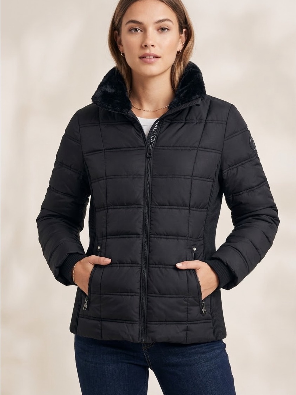 Nautica Women’s Black Quilted Puffer Jacket Faux Fur Collar Size Medium